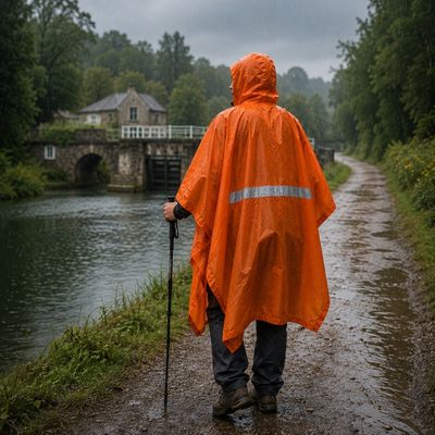 Homme poncho de pluie randonne long canal
