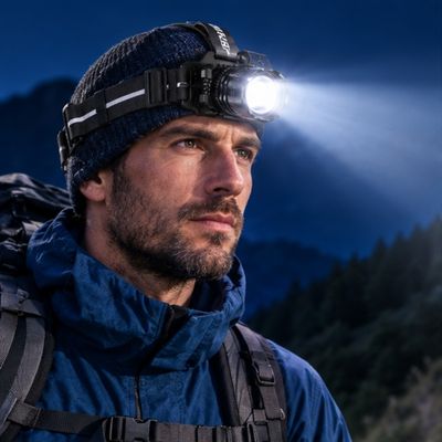 Randonneur équipé d'une lampe frontale rechargeable sur un sentier de nuit