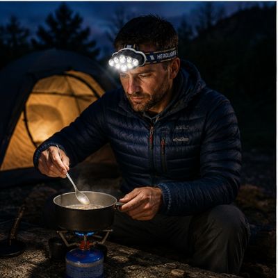 Homme prépare repas avec lampe frontale LED rechargeable