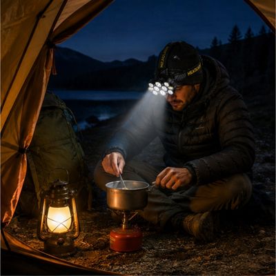 Homme prépare repas bivouac avec lampe frontale puissante professionnelle
