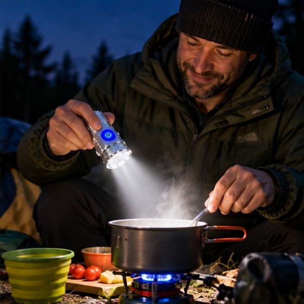Homme prépare repas bivouac avec lampe torche rechargeable