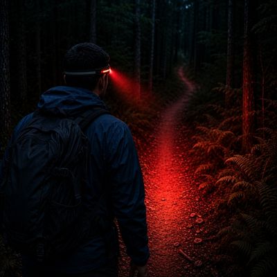 Homme randonne avec lampe frontale COB lumière rouge
