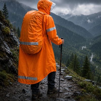 Homme randonne cape de pluie randonnée sous averse