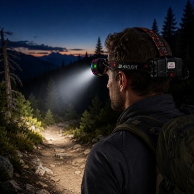 Homme randonne chemin forestier avec lampe frontale puissante