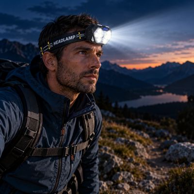 Homme randonne montagne avec lampe frontale trail