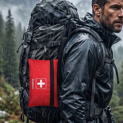 Homme randonnée trousse de secours fixée côté sac à dos