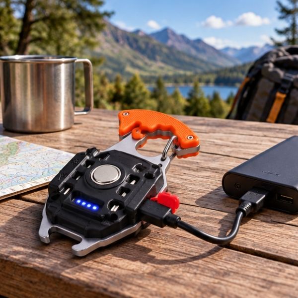 Homme recharge avec powerbank mini lampe COB multifonction