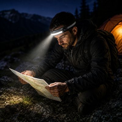 Homme regarde carte avec lampe frontale COB