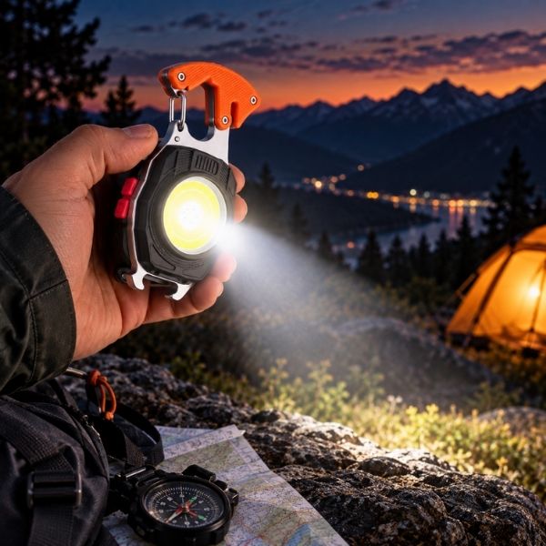 Homme regarde carte avec mini lampe COB multifonction