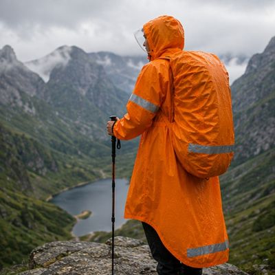 Homme rocher cape de pluie randonnée point vue lac