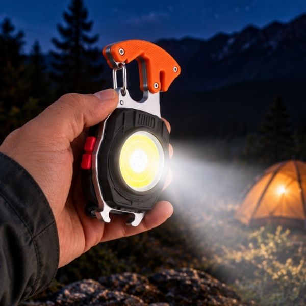 Homme s'éclaire soir bivouac avec mini lampe COB multifonction
