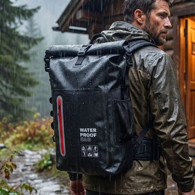Homme sac dos etanche sous pluie près refuge