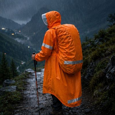 Homme sentier cape de pluie randonnée sous déluge