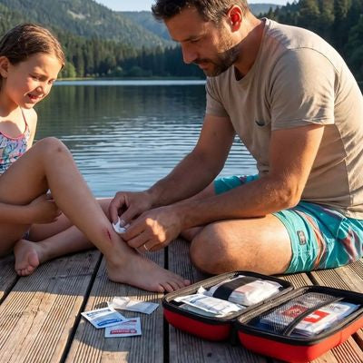 Homme soigne fille trousse premier secours blessure baignade