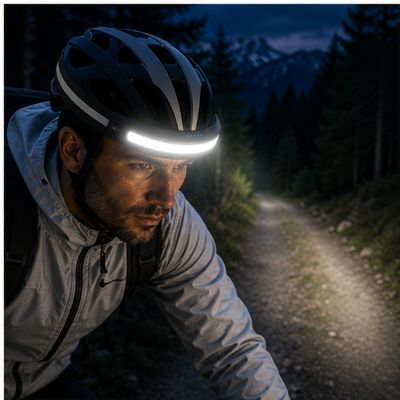 Homme sortie VTT nocturne avec lampe frontale COB