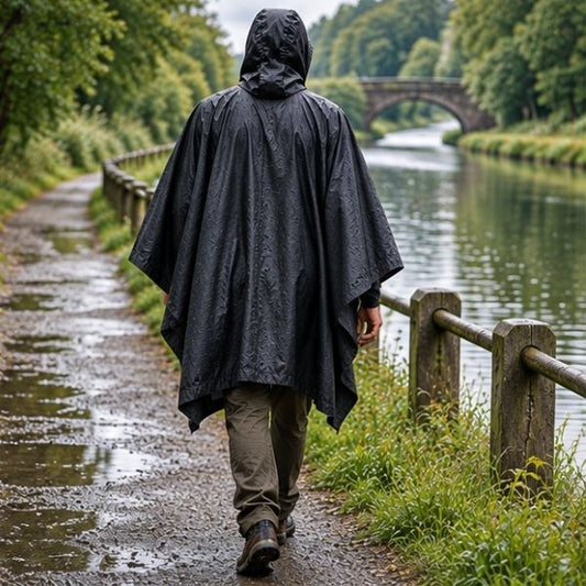 Homme sous averse avec cape de pluie bord canal