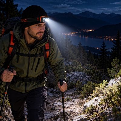 Homme sur sentier marche avec lampe frontale rechargeable