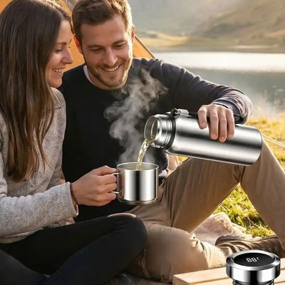 Homme verse thé fumant matin tente gourde isotherme 1l
