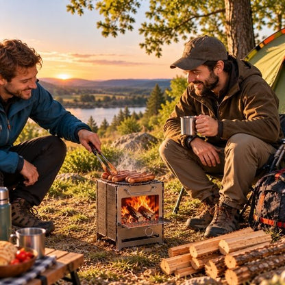 Hommes bord rivière préparent repas sur réchaud à bois