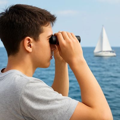 Jeune avec jumelles pour observer les oiseaux marins