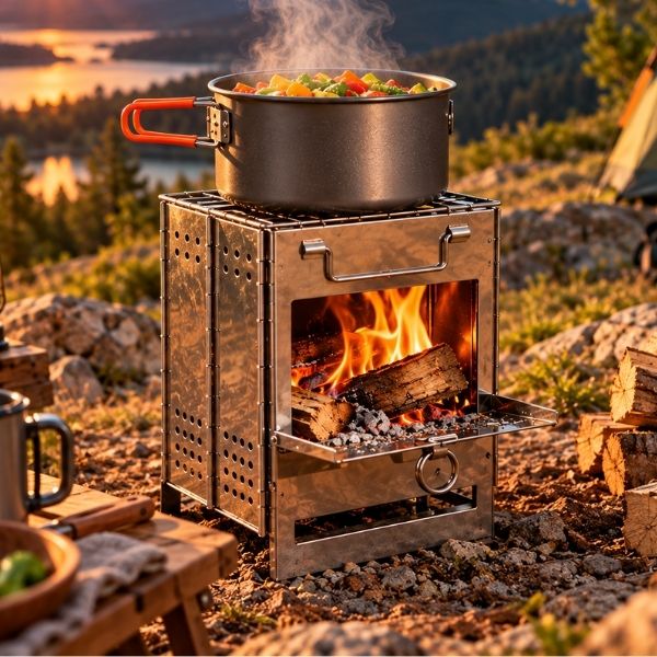 Légumes dans casserole cuisent sur réchaud à bois