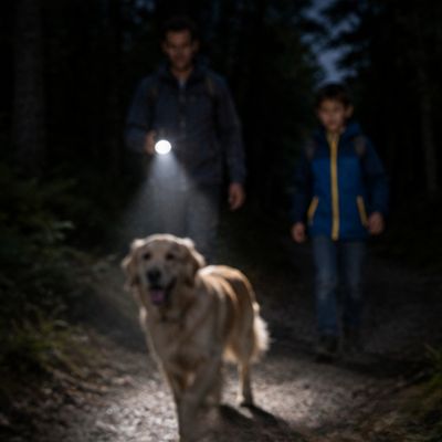 Père fils balade chien soir avec lampe torche rechargeable