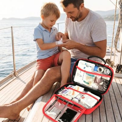 Père soigne main fils grâce voilier trousse de premier secours