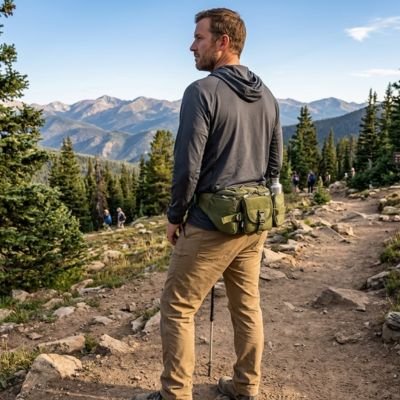 Homme sur chemin des crêtes avec sacoche banane