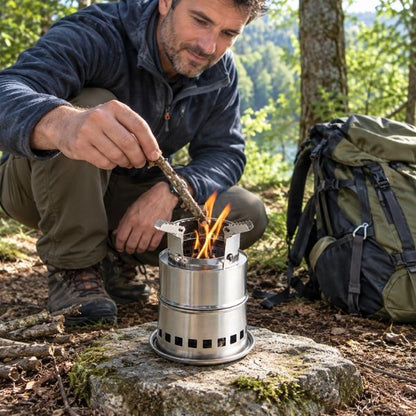 Randonneur ajoutant une branche dans le réchaud bivouac SylvaFlam