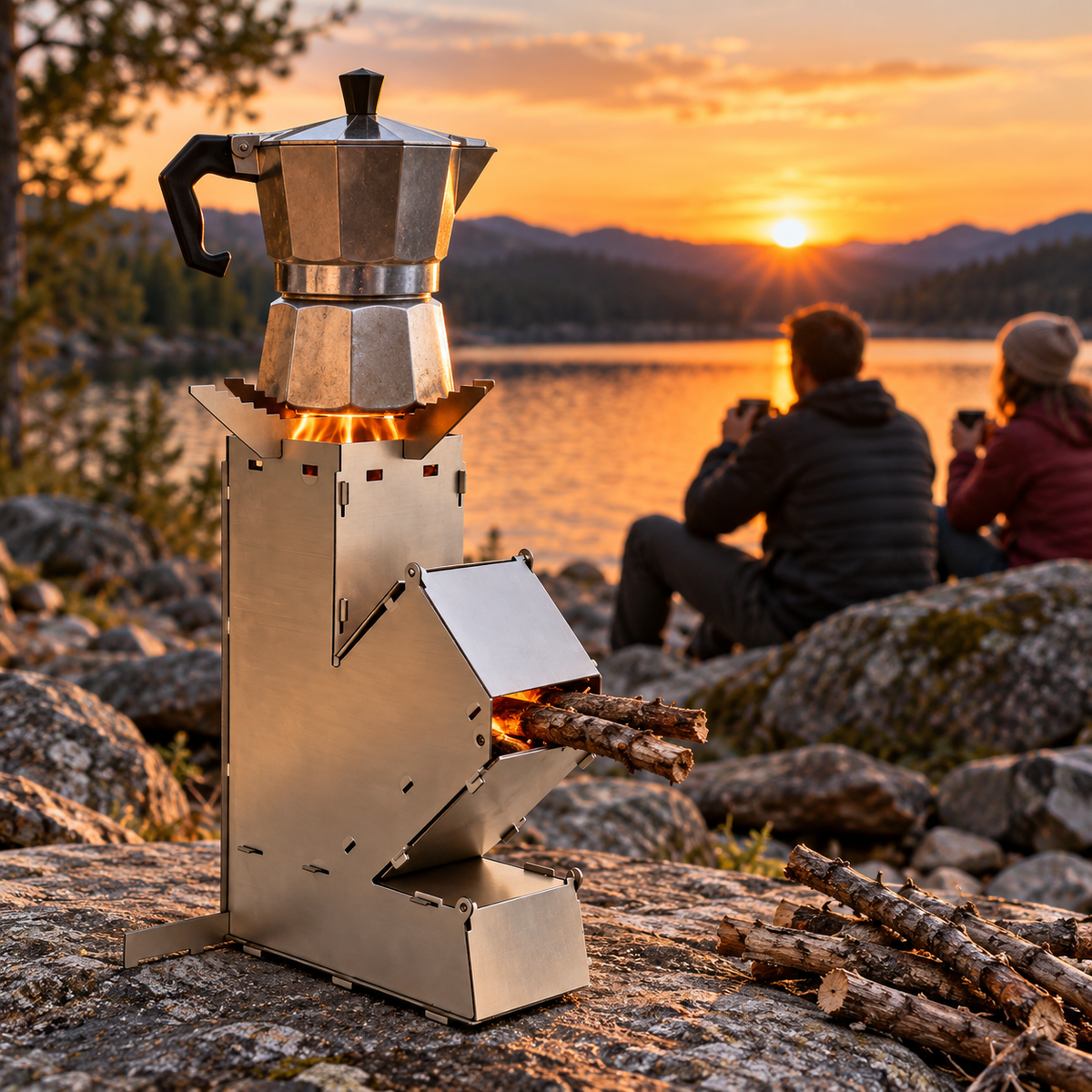 Café préparé sur le rocket stove RocketFlam près du lac