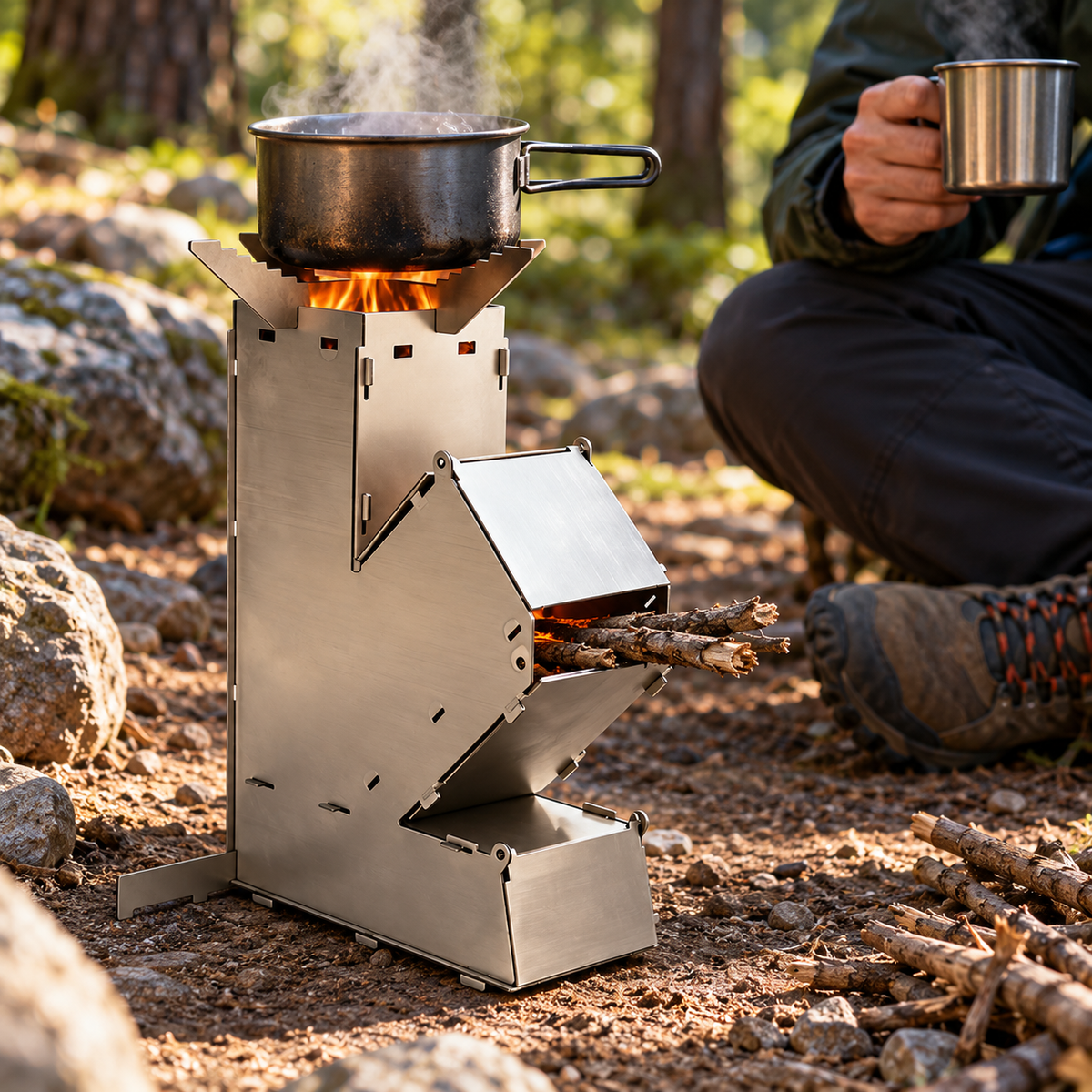 Gamelle d’eau chauffée sur le rocket stove RocketFlam