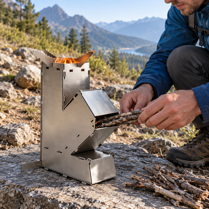 Randonneur ajoutant du petit bois dans le rocket stove RocketFlam