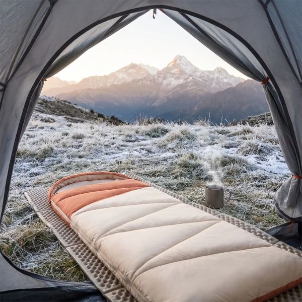 Sac de couchage hiver CosyPod devant une tente givrée