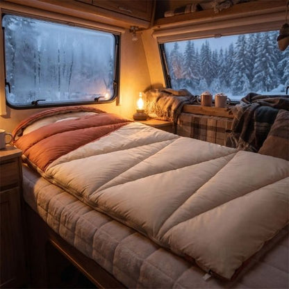 Sac de couchage hiver CosyPod sur le lit d'un van